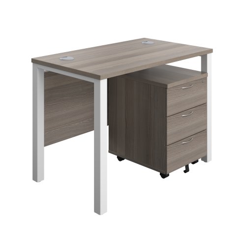 Goal Post Rectangular Desk + 3 Drawer Mobile Pedestal (FSC) 1000x600 Grey oak/White