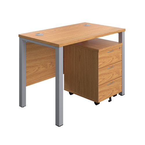Goal Post Rectangular Desk + 3 Drawer Mobile Pedestal 1000x600 Nova oak/Silver