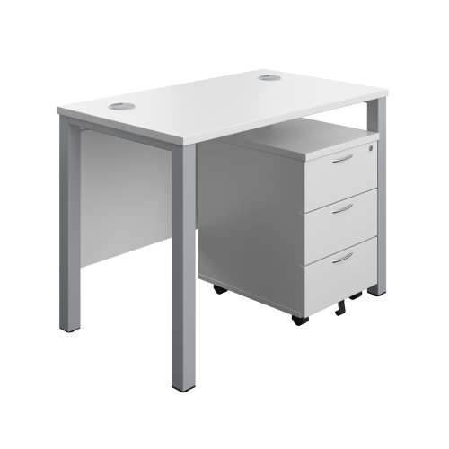 Goal Post Rectangular Desk + 3 Drawer Mobile Pedestal (FSC) 1000x600 White/Silver