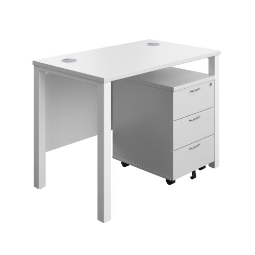 Goal Post Rectangular Desk + 3 Drawer Mobile Pedestal 1000x600 White/White TC Group