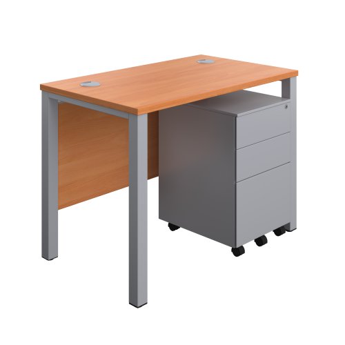 Goal Post Rectangular Desk + 3 Drawer Steel Pedestal 1000x600 Beech/Silver