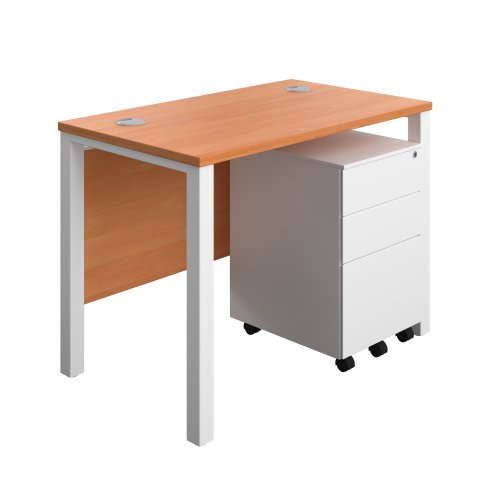 Goal Post Rectangular Desk + 3 Drawer Steel Pedestal 1000x600 Beech/White TC Group