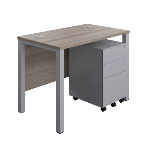 Goal Post Rectangular Desk + 3 Drawer Steel Pedestal (FSC) 1000x600 Grey oak/Silver