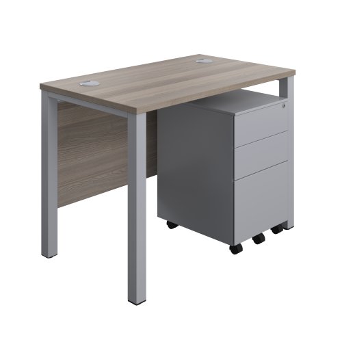 Goal Post Rectangular Desk + 3 Drawer Steel Pedestal 1000x600 Grey oak/Silver TC Group