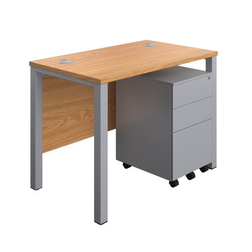 Goal Post Rectangular Desk + 3 Drawer Steel Pedestal (FSC) 1000x600 Nova oak/Silver