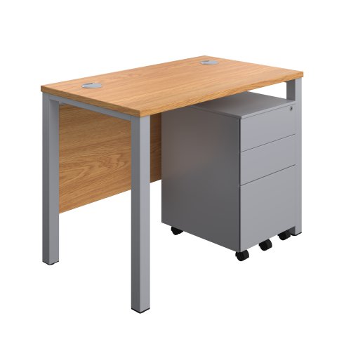 Goal Post Rectangular Desk + 3 Drawer Steel Pedestal 1000x600 Nova oak/Silver TC Group