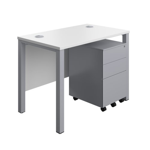 Goal Post Rectangular Desk + 3 Drawer Steel Pedestal (FSC) 1000x600 White/Silver
