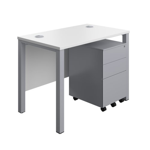 Goal Post Rectangular Desk + 3 Drawer Steel Pedestal 1000x600 White/Silver TC Group