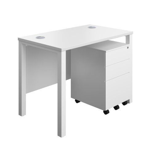 Goal Post Rectangular Desk + 3 Drawer Steel Pedestal (FSC) 1000x600 White/White