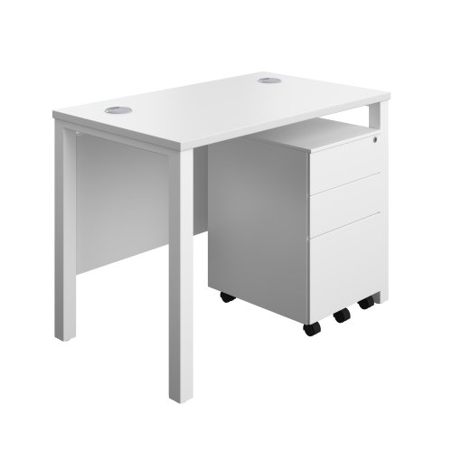 Goal Post Rectangular Desk + 3 Drawer Steel Pedestal 1000x600 White/White TC Group