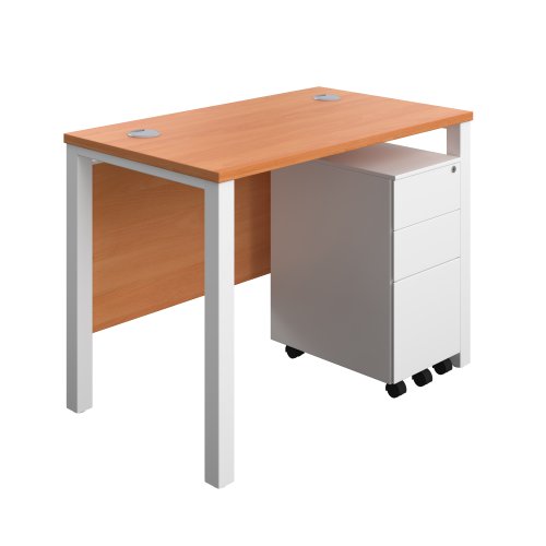 Goal Post Rectangular Desk + 3 Drawer Slimline Steel Pedestal 1000x600 Beech/White TC Group