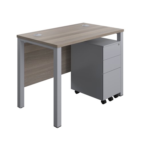 Goal Post Rectangular Desk + 3 Drawer Slimline Steel Pedestal 1000x600 Grey oak/Silver TC Group