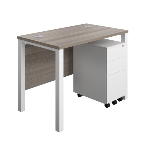 Goal Post Rectangular Desk + 3 Drawer Slimline Steel Pedestal 1000x600 Grey oak/White TC Group