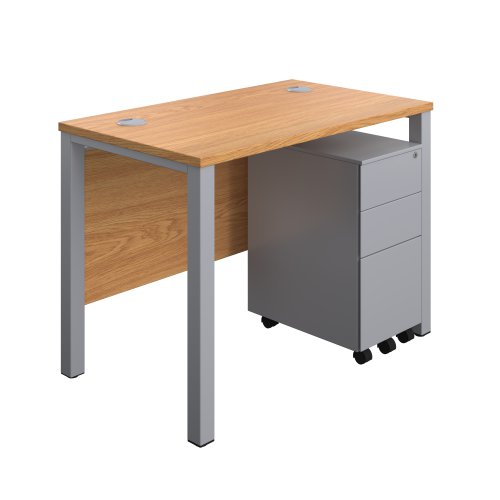 Goal Post Rectangular Desk + 3 Drawer Slimline Steel Pedestal 1000x600 Nova oak/Silver TC Group
