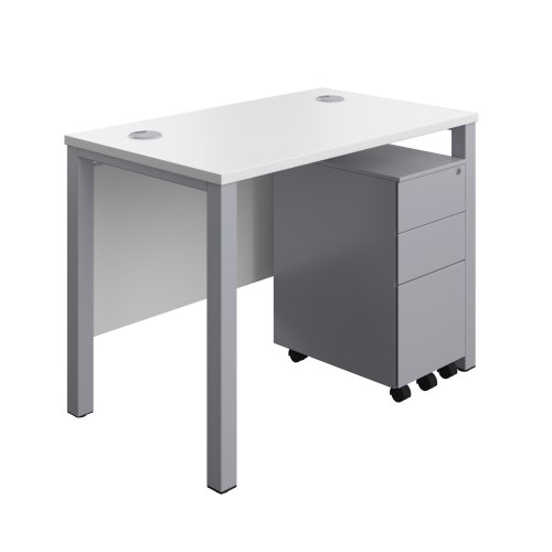 Goal Post Rectangular Desk + 3 Drawer Slimline Steel Pedestal 1000x600 White/Silver TC Group