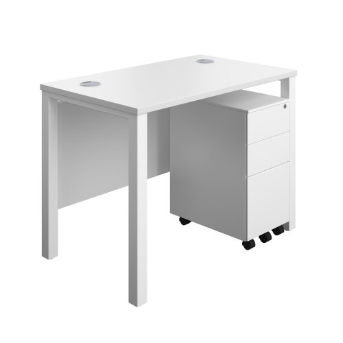 Goal Post Rectangular Desk + 3 Drawer Slimline Steel Pedestal 1000x600 White/White TC Group