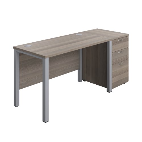 Goal Post Rectangular Desk + 3 Drawer Desk High Pedestal 1200x600 Grey oak/Silver
