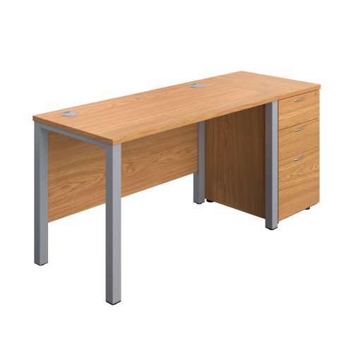 Goal Post Rectangular Desk + 3 Drawer Desk High Pedestal 1200x600 Nova oak/Silver TC Group