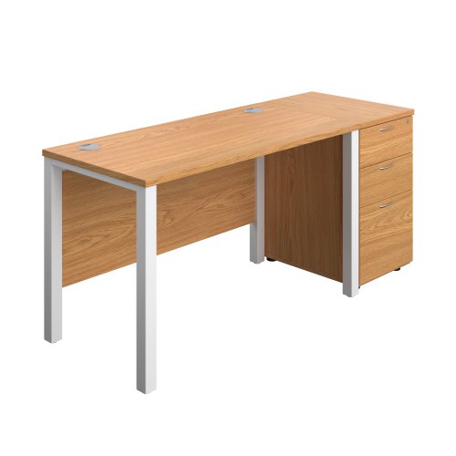Goal Post Rectangular Desk + 3 Drawer Desk High Pedestal 1200x600 Nova oak/White TC Group