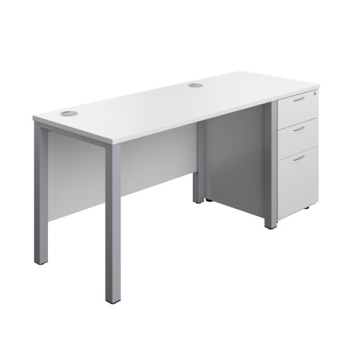 Goal Post Rectangular Desk + 3 Drawer Desk High Pedestal (FSC) 1200x600 White/Silver