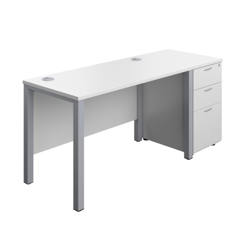 Goal Post Rectangular Desk + 3 Drawer Desk High Pedestal 1200x600 White/Silver TC Group