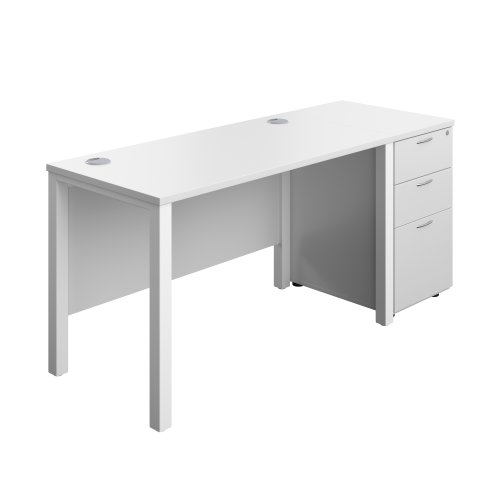 Goal Post Rectangular Desk + 3 Drawer Desk High Pedestal 1200x600 White/White TC Group