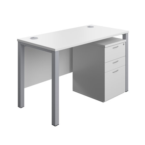 Goal Post Rectangular Desk + 3 Drawer High Mobile Pedestal (FSC) 1200x600 White/Silver