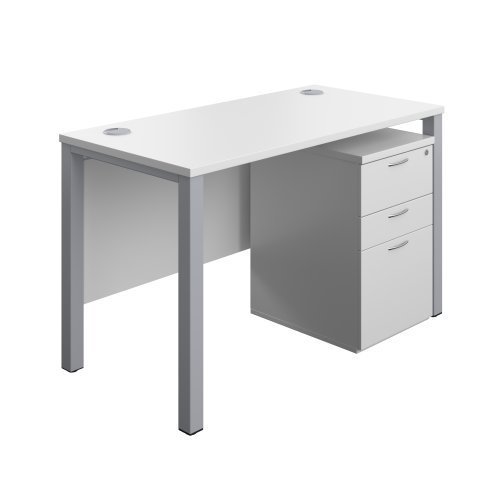 Goal Post Rectangular Desk + 3 Drawer High Mobile Pedestal 1200x600 White/Silver TC Group