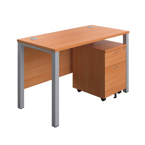 Goal Post Rectangular Desk + 2 Drawer Mobile Pedestal 1200x600 Beech/Silver TC Group