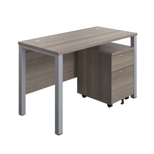 Goal Post Rectangular Desk + 2 Drawer Mobile Pedestal 1200x600 Grey oak/Silver TC Group
