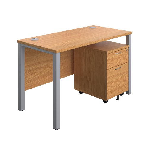 Goal Post Rectangular Desk + 2 Drawer Mobile Pedestal 1200x600 Nova oak/Silver TC Group