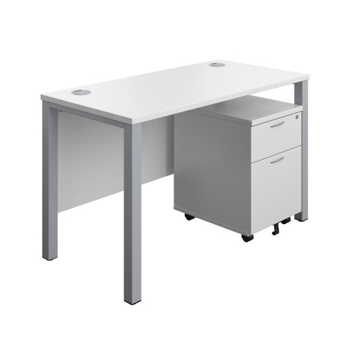 Goal Post Rectangular Desk + 2 Drawer Mobile Pedestal (FSC) 1200x600 White/Silver