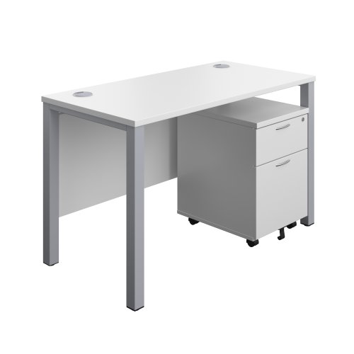 Goal Post Rectangular Desk + 2 Drawer Mobile Pedestal 1200x600 White/Silver TC Group
