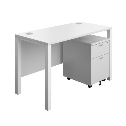 Goal Post Rectangular Desk + 2 Drawer Mobile Pedestal 1200x600 White/White TC Group
