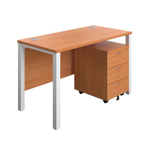 Goal Post Rectangular Desk + 3 Drawer Mobile Pedestal 1200x600 Beech/White TC Group