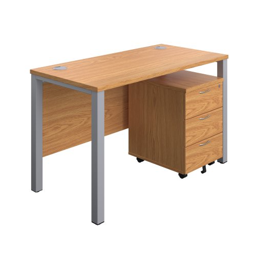 Goal Post Rectangular Desk + 3 Drawer Mobile Pedestal 1200x600 Nova oak/Silver TC Group