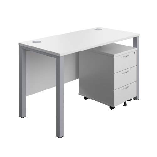 Goal Post Rectangular Desk + 3 Drawer Mobile Pedestal (FSC) 1200x600 White/Silver