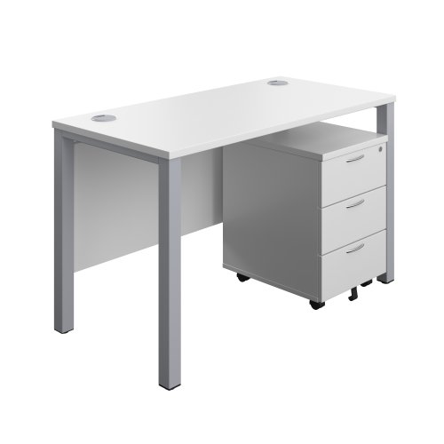 Goal Post Rectangular Desk + 3 Drawer Mobile Pedestal 1200x600 White/Silver TC Group