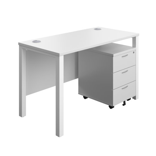 Goal Post Rectangular Desk + 3 Drawer Mobile Pedestal 1200x600 White/White TC Group