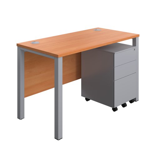 Goal Post Rectangular Desk + 3 Drawer Steel Pedestal 1200x600 Beech/Silver TC Group