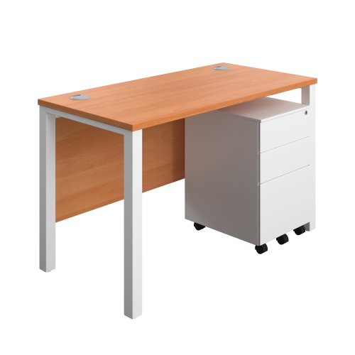 Goal Post Rectangular Desk + 3 Drawer Steel Pedestal 1200x600 Beech/White TC Group