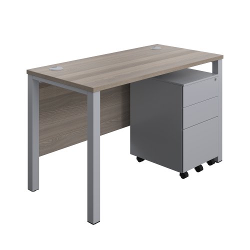 Goal Post Rectangular Desk + 3 Drawer Steel Pedestal 1200x600 Grey oak/Silver TC Group