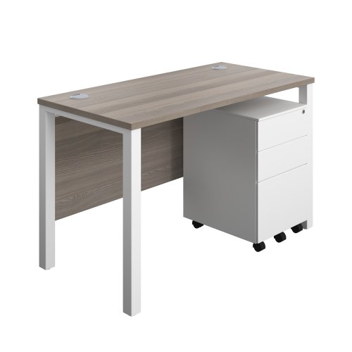 Goal Post Rectangular Desk + 3 Drawer Steel Pedestal 1200x600 Grey oak/White TC Group