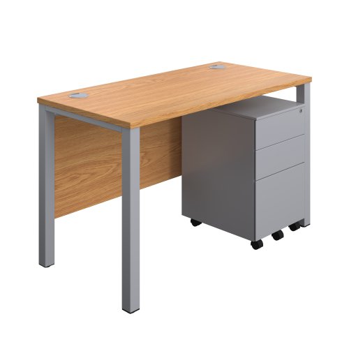 Goal Post Rectangular Desk + 3 Drawer Steel Pedestal (FSC) 1200x600 Nova oak/Silver
