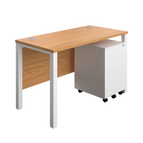 Goal Post Rectangular Desk + 3 Drawer Steel Pedestal (FSC) 1200x600 Nova oak/White