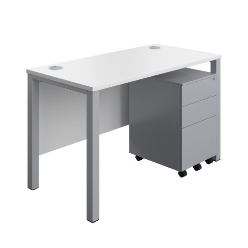 Goal Post Rectangular Desk + 3 Drawer Steel Pedestal (FSC) 1200x600 White/Silver