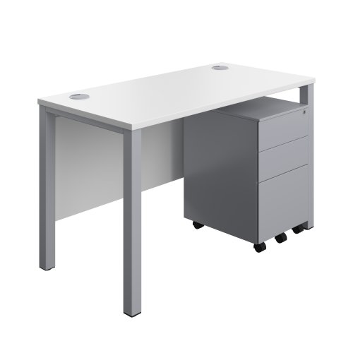 Goal Post Rectangular Desk + 3 Drawer Steel Pedestal 1200x600 White/Silver TC Group