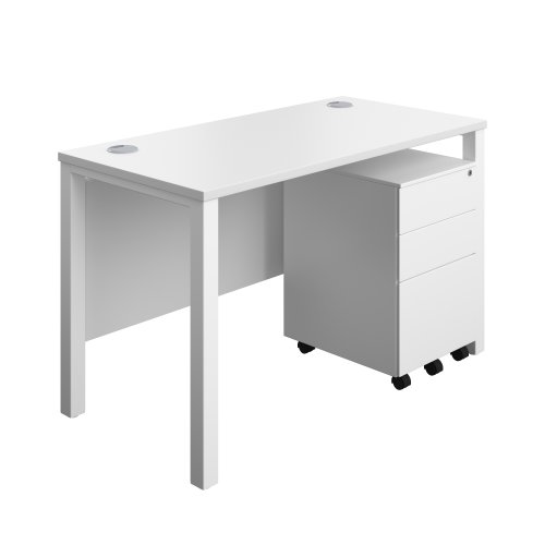 Goal Post Rectangular Desk + 3 Drawer Steel Pedestal (FSC) 1200x600 White/White