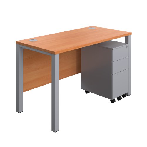 Goal Post Rectangular Desk + 3 Drawer Slimline Steel Pedestal 1200x600 Beech/Silver TC Group