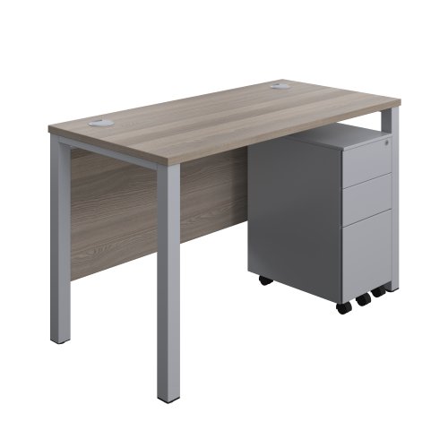 Goal Post Rectangular Desk + 3 Drawer Slimline Steel Pedestal 1200x600 Grey oak/Silver TC Group